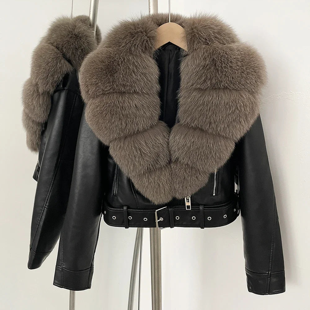 Fake Leather Coat New Natural Fox Fur Autumn Short Faux Leather Jacket Female Spring PU Women Long Sleeve Real Fur Coat Thin - Matrix Studios