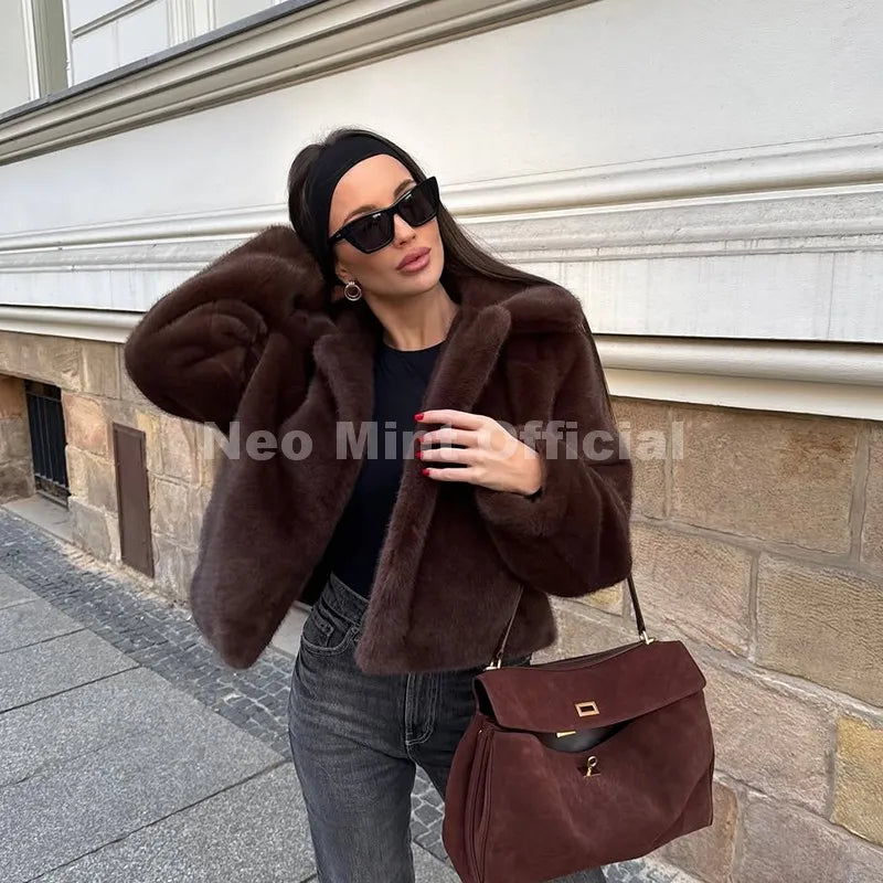 Neo Mint Cool Street Girls Fashion Brown Faux Fur Jacket Women Luxury Fake Mink Fur Coat 2025 Autumn Winter Warm Short Overcoat - Matrix Studios