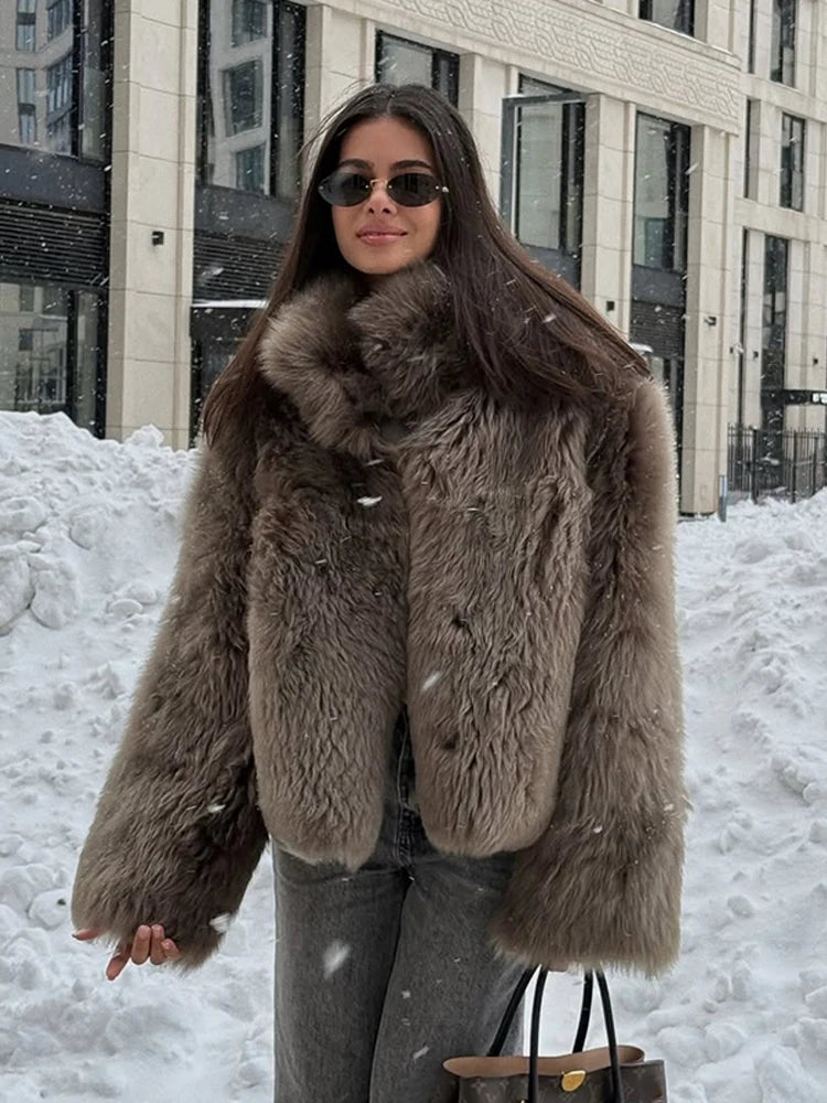 Woman Mixed Color Long Faux Fur Coat Fashion Lapel Collar Full Sleeve Loose Overcoat 2025 Winter Lady Warm High Street Outwear - Matrix Studios