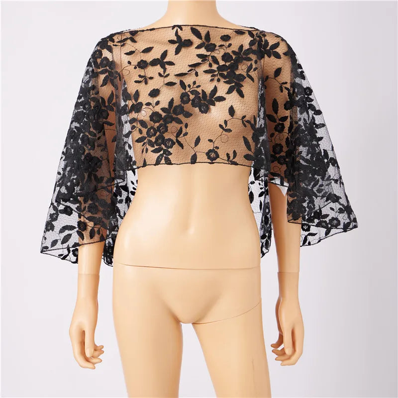 hirigin Women Floral Lace Tulle Cape Short Wedding Shawl Bell Sleeve Sheer Mesh Bolero Cover Up Bridal Evening Party Prom Shrug - Matrix Studios
