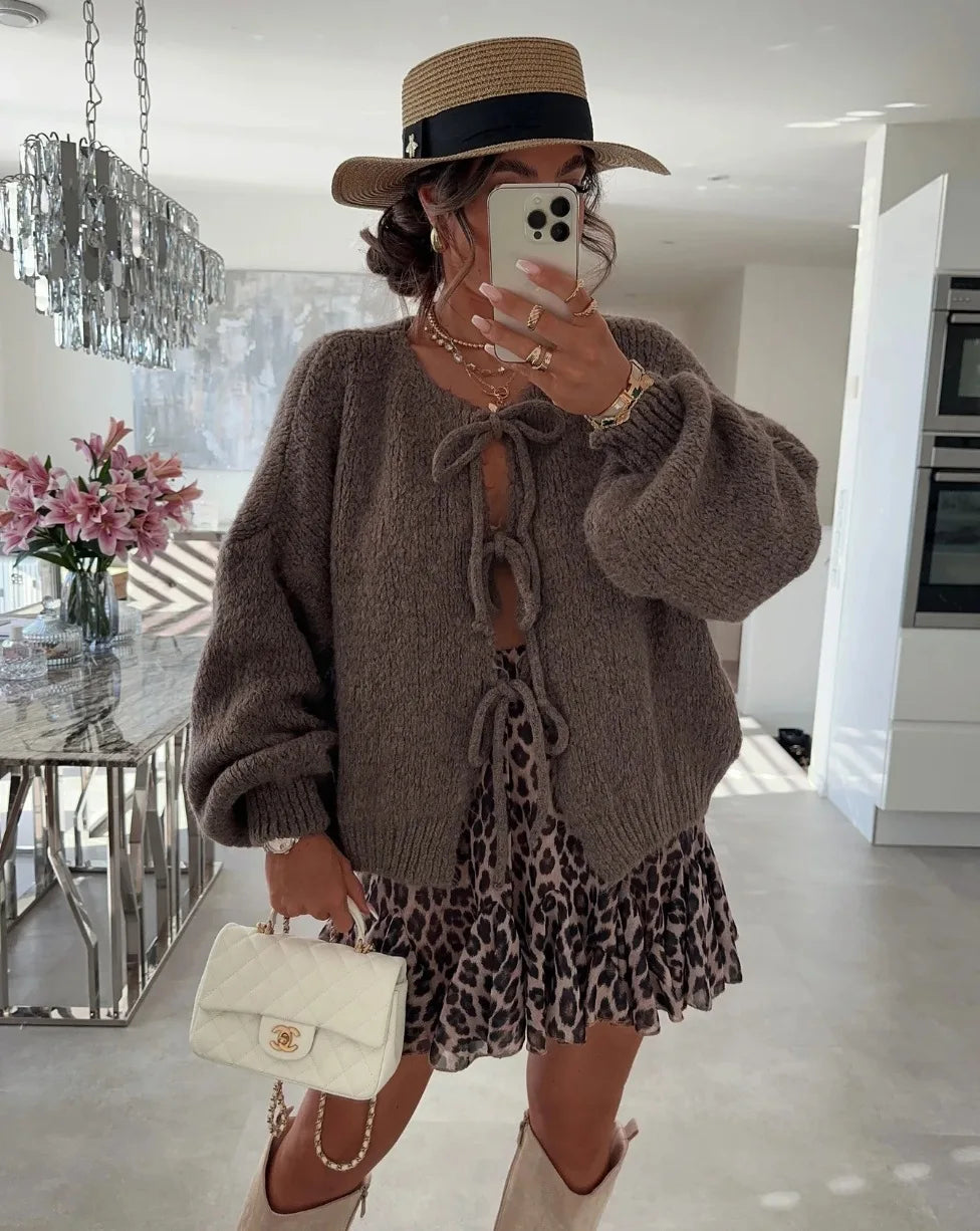 Solid Color O-neck Lace-up Knitted Cardigan Women 2025 Autumn Winter Streetwear Casual Simplicity Sweater Coats - Matrix Studios