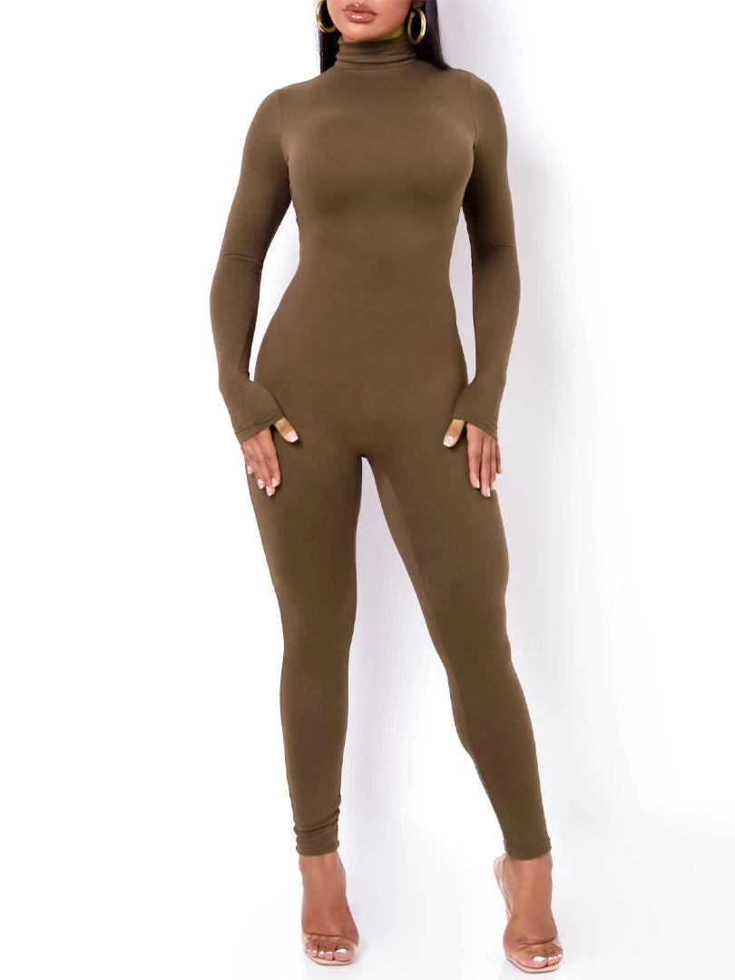 Hugcitar Long Sleeve Solid Turtleneck Skinny Bodycon Jumpsuit Autumn Winter Women Fashion Streetwear Casual Romper - Matrix Studios