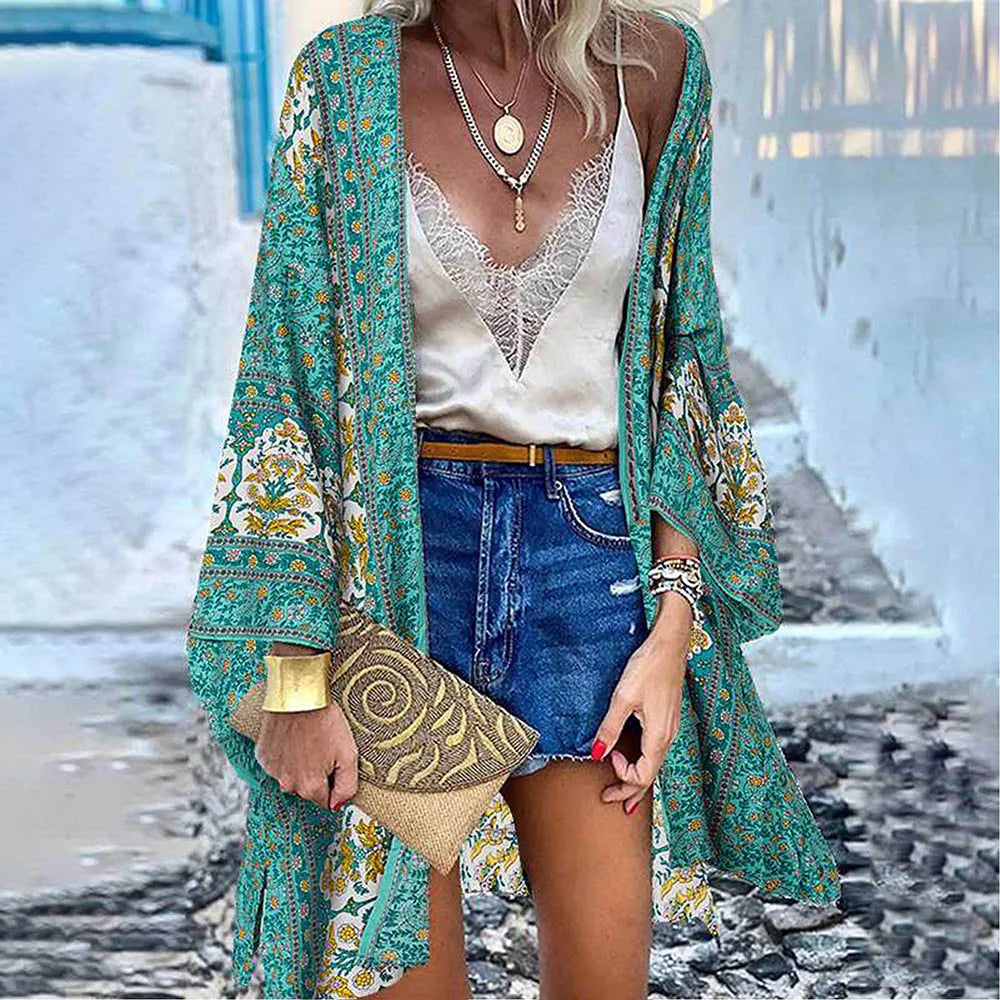WeHello 2023 Summer Bohemian Casual Cloak Cardigan for Swimsuit woman Beach Swimwear Tops Long Sleeved Shawl Chiffon Shirt - Matrix Studios