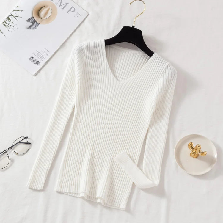 Autumn Winter Women Sweaters Casual Long Sleeve Knitted V Neck Pullover Sweater Femme Basic Solid Jersey Tops Fashion Clothes - Matrix-studios.com