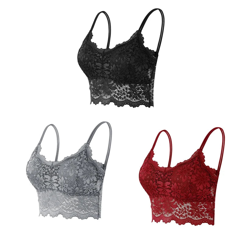 3PCS Women's Lace Bras Top Comfortable Bralette Solid Color Sexy Underwear Vest Female Hollow Out Wireless Lingerie Seamless Bra - Matrix Studios