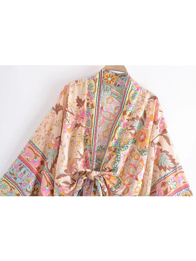 Vintage Peacock Floral Print Short Kimono Women Fashion Rayon Cotton Batwing Sleeves Ladies Beach Robe Bikini Boho Cover-ups - Matrix Studios