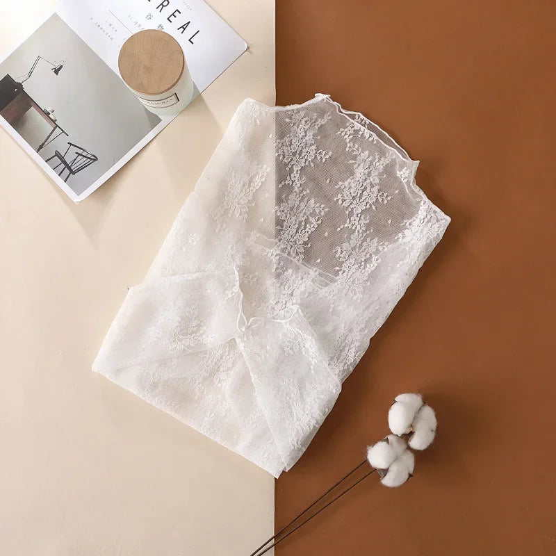 New Women Floral Lace Shirt Spring Autumn Long Sleeve Sexy Mesh Bottoming Shirts Mock Neck Blouse T-Shirt Pullover Top - Matrix-studios.com