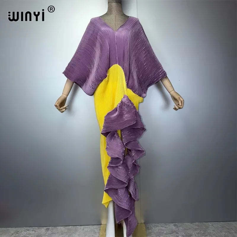 WINYI Women's Pleated Slim Dress with High Fork Fashion Beach Cover Up Muslim Kaftan Abaya Dubai Luxury Long Evening Dress - Matrix-studios.com