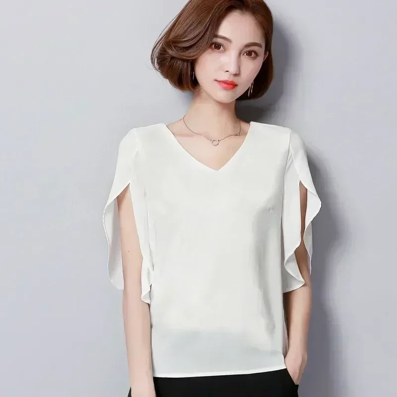 Women Chiffon Short Sleeve Shirt Sexy V-neck Loose Ruffled Chiffon Blouse. - Matrix-studios.com