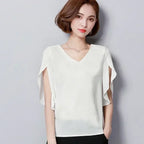 Women Chiffon Short Sleeve Shirt Sexy V-neck Loose Ruffled Chiffon Blouse. - Matrix-studios.com