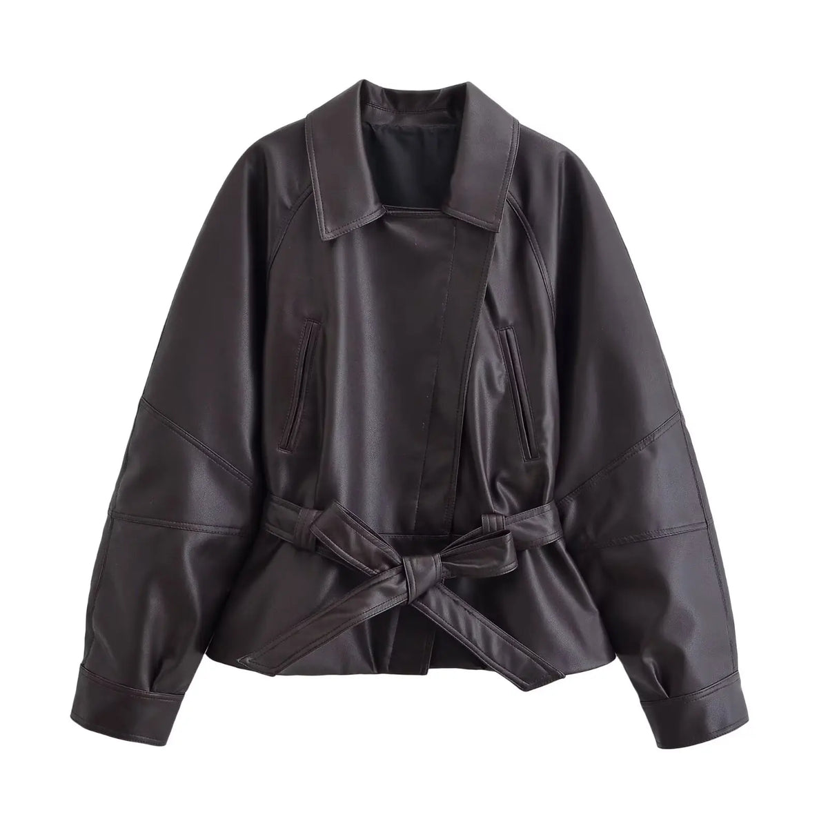 HH Women Fashion Black Short Faux Leather Trench Coat Long Sleeve Lapel Jacket With Belt Vintage Lady Motorcycle Jacket Outwear - Matrix Studios