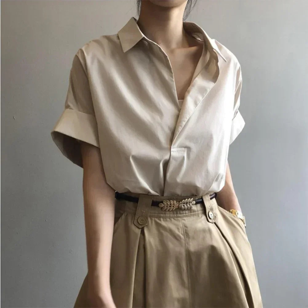 Women Blouses Spring Summer Breathable Simple Short Batwing Sleeve Turn Town Quick Dry Collar Shirts Solid Color Female Clothing - Matrix-studios.com