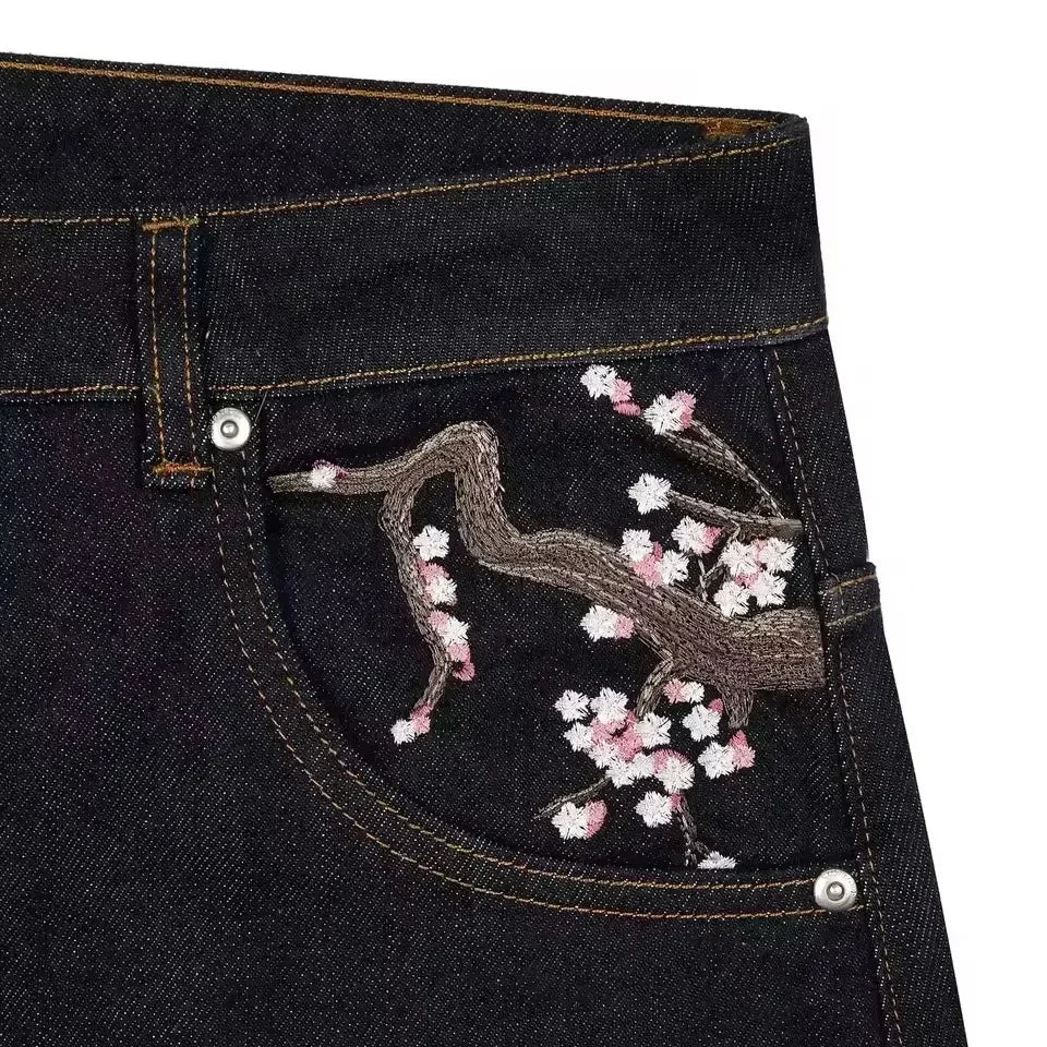 Y2K Vintage Low Waist Hip Hop Cherry Blossom Embroidered Jeans  Wide Leg Trousers Clothes Mens Embroidered Baggy Jeans Womes - Matrix Studios
