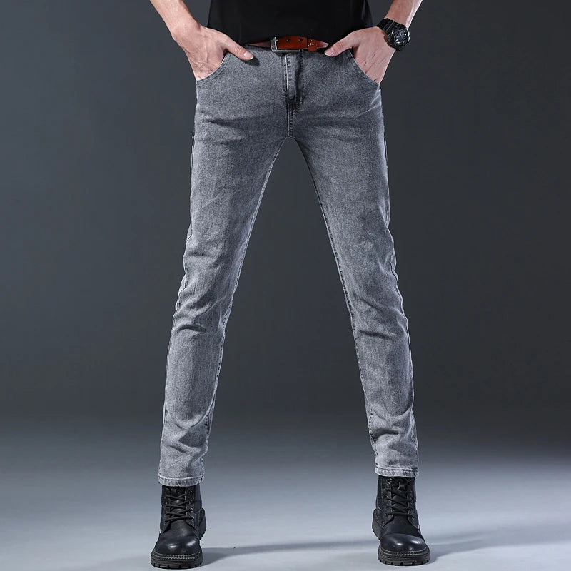 New style jeans, men's slim fit, Korean style comfortable straight leg elastic gray mid waist pants, men's casual denim pants - Matrix Studios