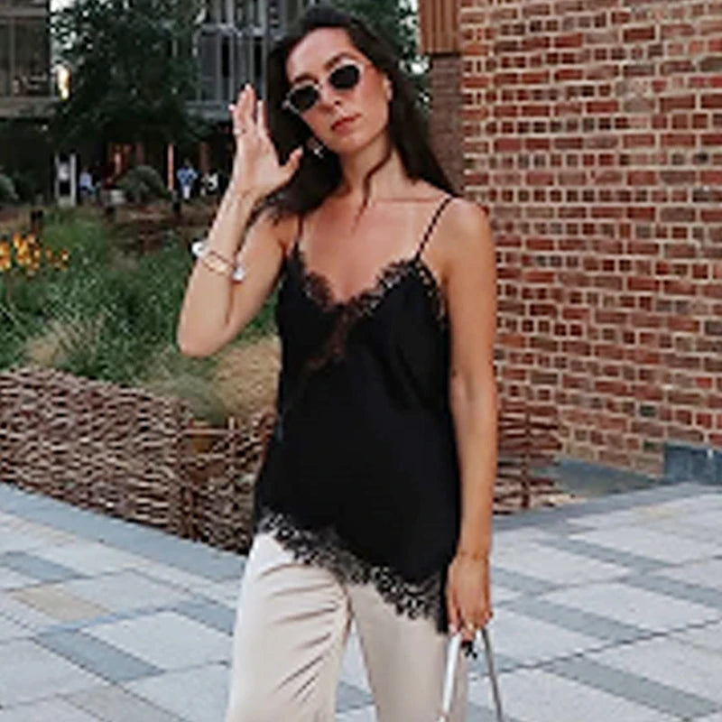 HXAO Asymmetrical Slip Top Women Summer 2025 Y2K Tanks & Camis Lace Black Off Shoulder Top Elegant Sleeveless Backless Camisole - Matrix-studios.com