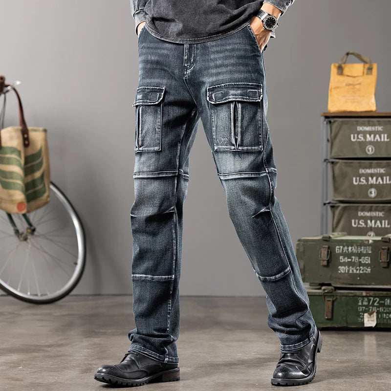 Autumn and winter new styles Men's Outdoor Wide Leg Workwear Multi-Pocket Jeans Straight fit plus size men's jeans  42 44 - Matrix Studios