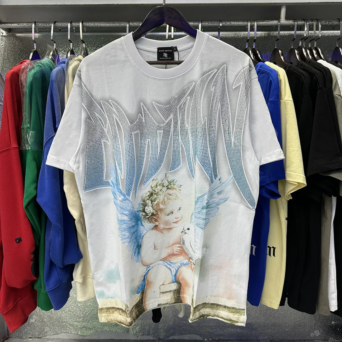 MIXED EMOTION Shirt Rhinestone Short Sleeve Men Women T-shirt Streetwear 100% Cotton Loose Round Neck Top Tees Oversized Tee Top - Matrix Studios