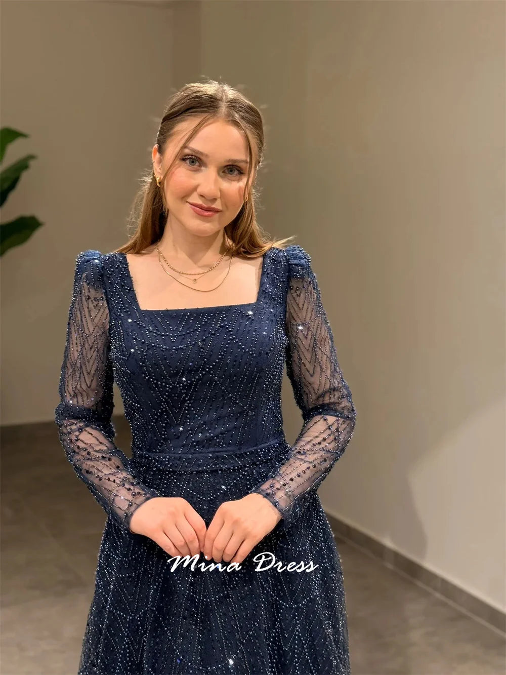 Mina Customized Beads Women's Elegant Dresses for Special Occasions Sequin Square Collar Arabic Evening Dress Luxury Party Dress - Matrix Studios