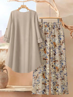 Women Round Neck Long Sleeve Plain Top And Floral Printed Wide Leg Pants For Casual Resort Vacation And Daily Occasion