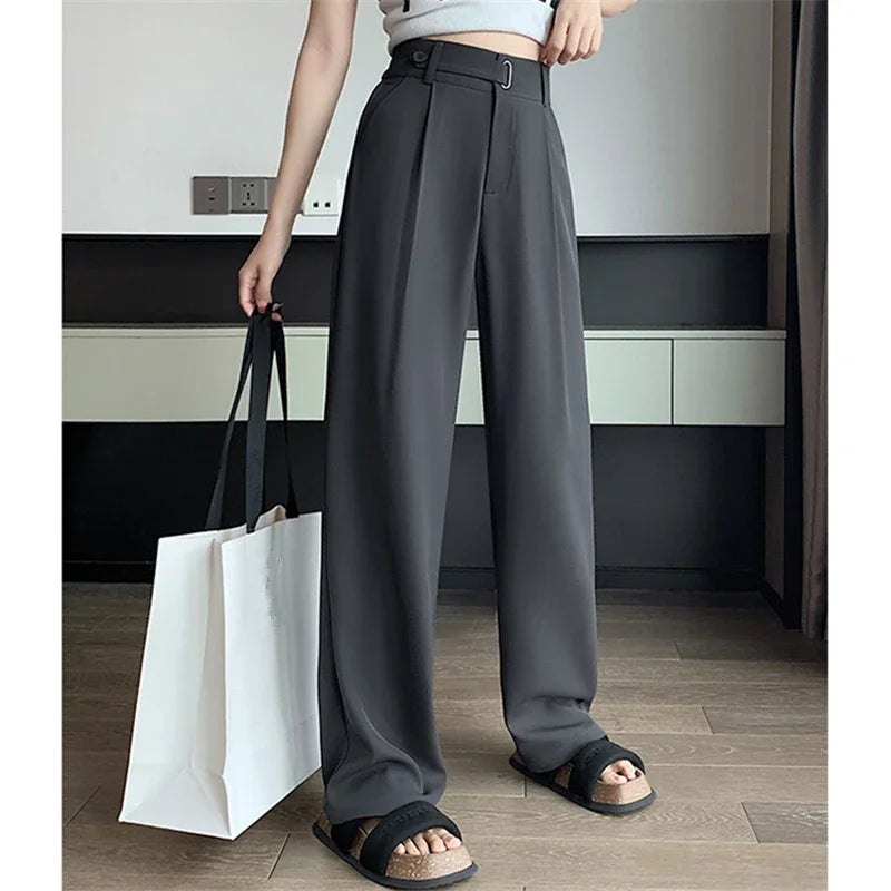 Seoulish Summer Women's Casual Pants Wide Leg Pants Elegant Office Lady 2024 New Solid Color High Waist Loose Trousers Female