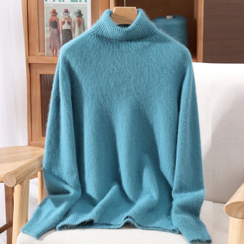 Autumn And Winter New 100% Mink Cashmere Sweater Ladies' High Lapel Solid Color Padded Pullover Wool Knitted Bottoming Shirt - Matrix Studios