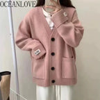 OCEANLOVE Cardigans Autumn Winter Solid Preppy Style Women Sweaters Korean Fashion V Neck Loose Warm Sweet Sueteres Mujer - Matrix Studios