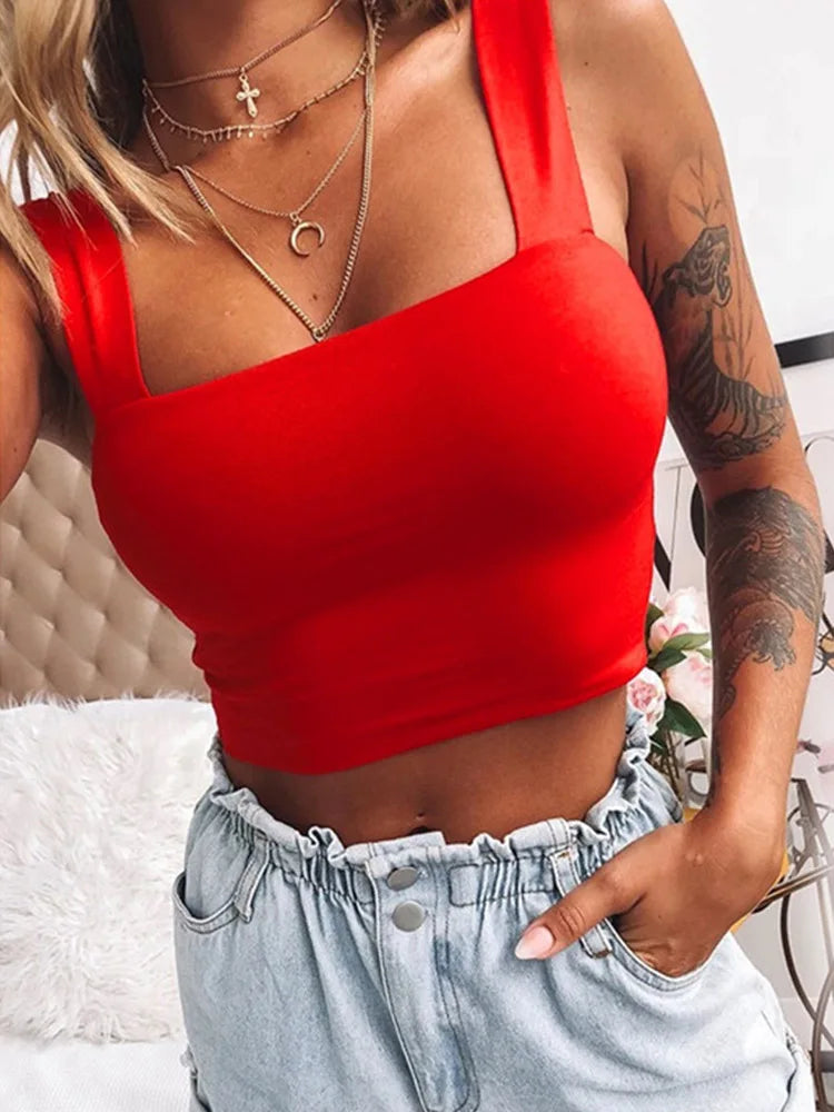 Square Neck Sleeveless Summer Crop Top White Women Black Casual Basic T Shirt Off Shoulder Cami Sexy Backless Tank Top - Matrix-studios.com