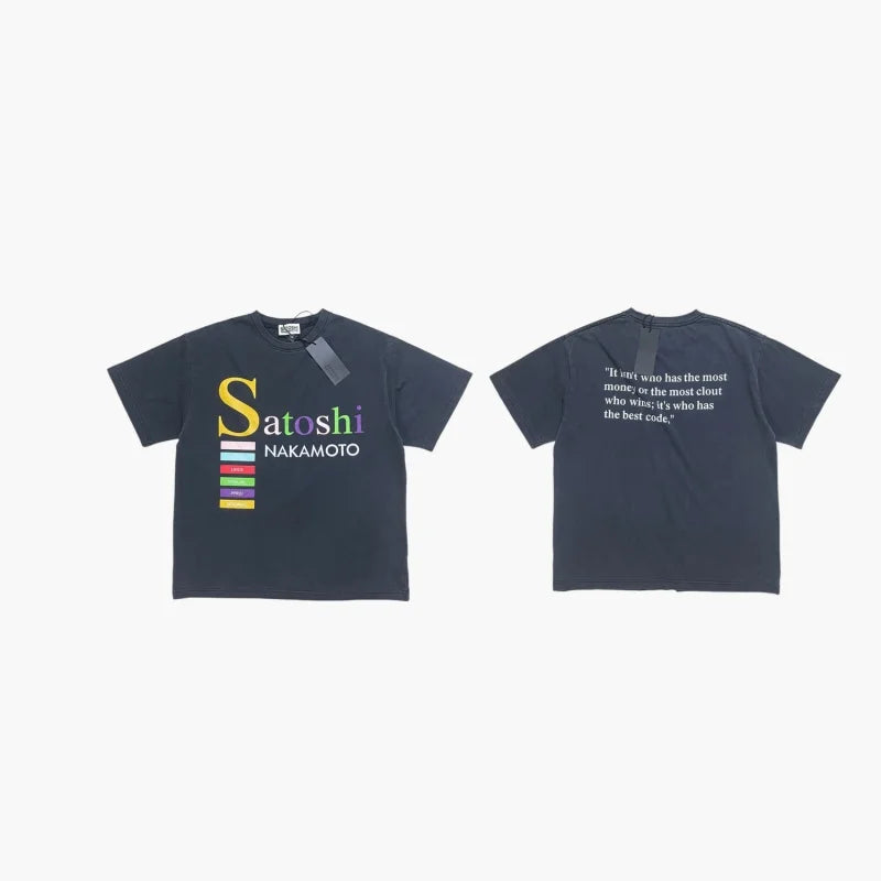 Color Code Bar Text Men T Shirt Satoshi Nakamoto Washed Black Oversized Double Print Tee - Matrix-studios.com