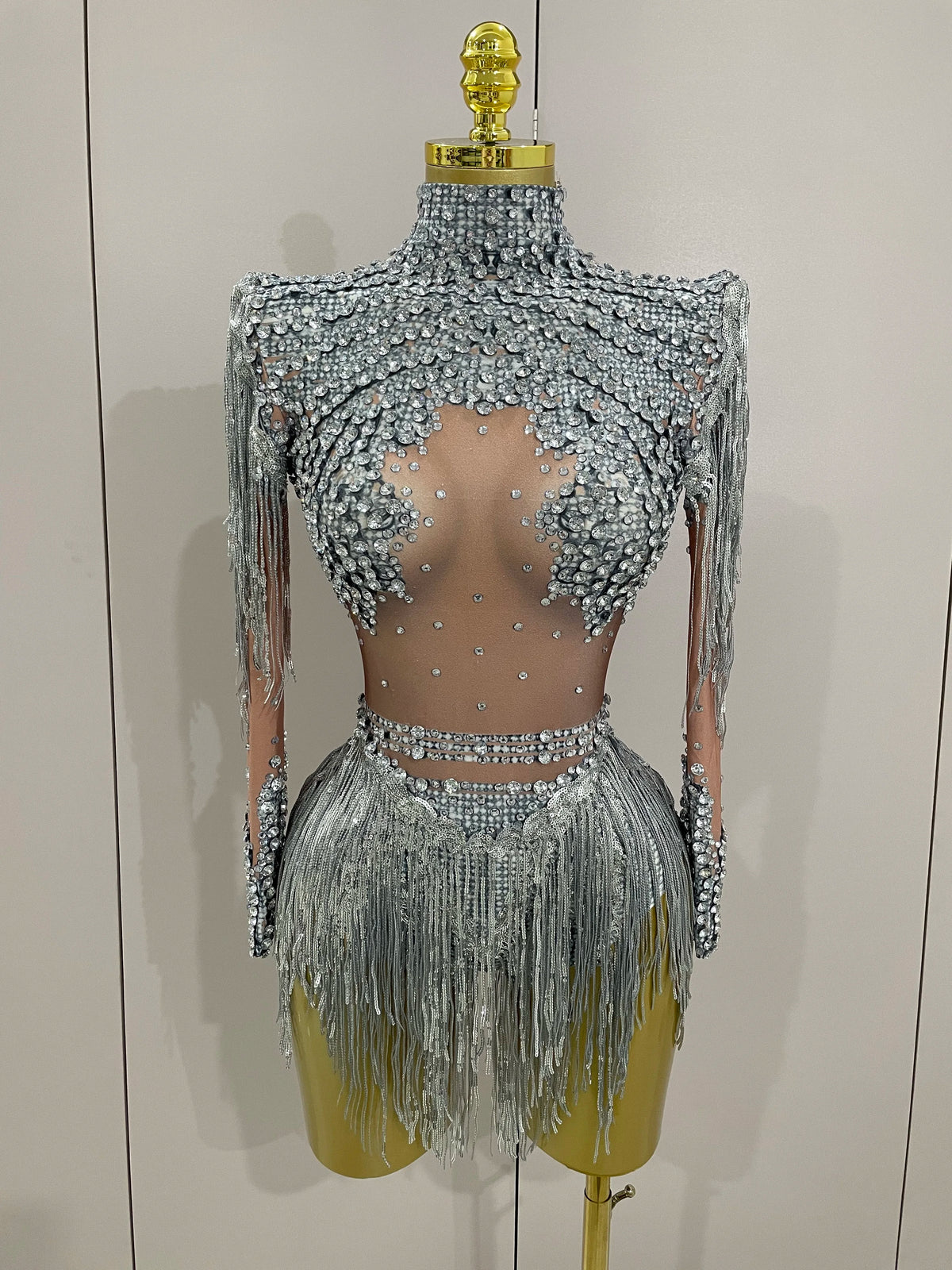 Women Sparkly Rhinestone Sequin Tassel Stretch Bodysuits 2025 New Arrival Birthday Party Nightclub Dj Stage Performance Costume - Matrix Studios