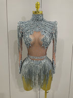 Women Sparkly Rhinestone Sequin Tassel Stretch Bodysuits 2025 New Arrival Birthday Party Nightclub Dj Stage Performance Costume - Matrix Studios