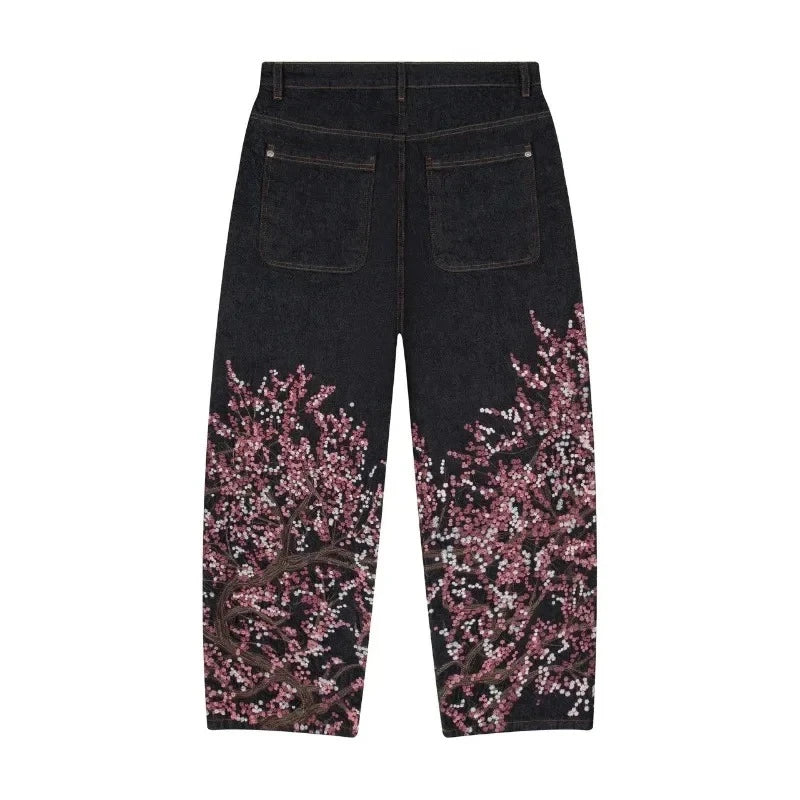 Y2K Baggy Jeans Cherry Blossom Selvedge Embroidery Denim Pants Men Women Denim Fabric American Hiphop Streetwear Wide Leg Jeans - Matrix Studios