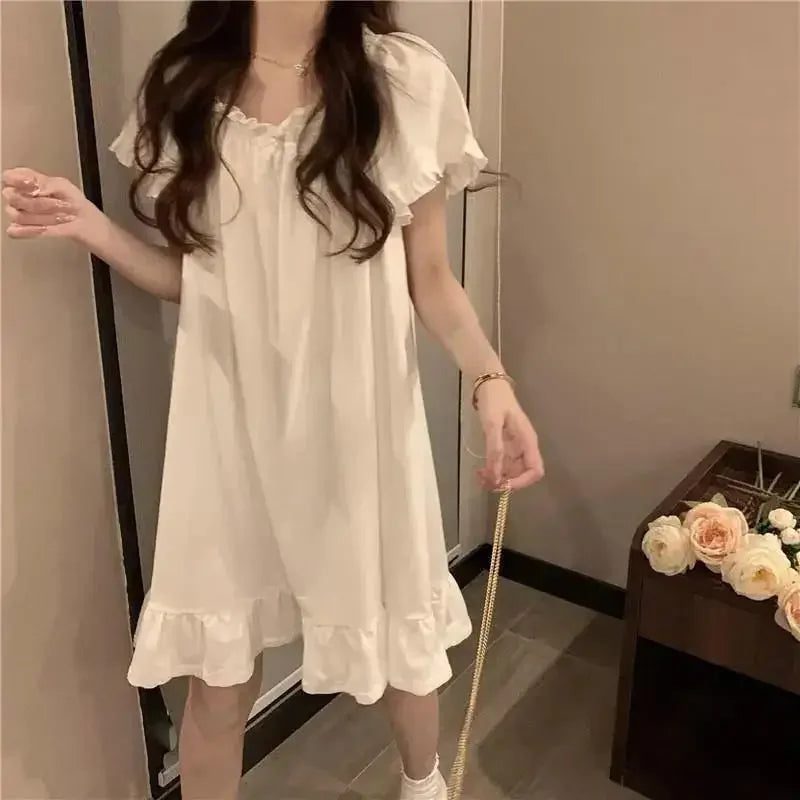 Women's White Mid Length Nightgown Summer Sexy Sleepwear Pajamas New Home Clothes Night Dress For Sleeping - Matrix-studios.com