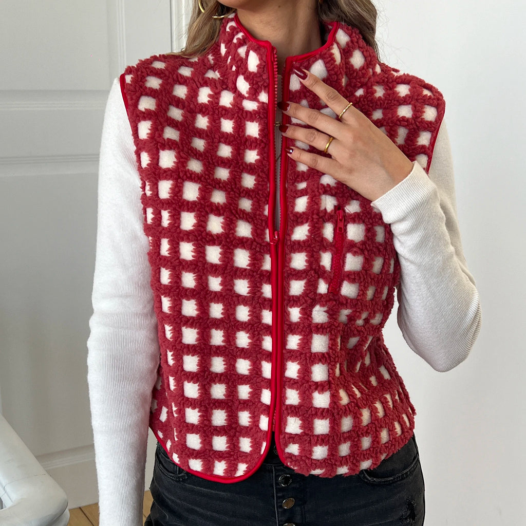 Women’s Fuzzy Checkered Vest Sleeveless Stand Collar Zip Up Vest Jacket Loose Spring Fall Warm Outwear - Matrix Studios