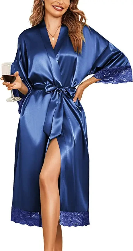 Womens Sexy Long Kimono Dress Lace Bath Robe Lingerie Gown Ice Silk Nightdress Solid Color Nightgown Nightwear Plus Size #0701 - Matrix-studios.com