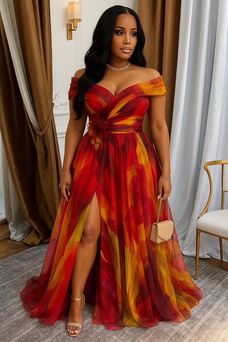 Women Off Shoulder Printed Maxi Gown With Front Slit For Wedding Guest Formal Evening Prom And Banquet Occasion - Matrix-studios.com