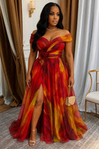 Women Off Shoulder Printed Maxi Gown With Front Slit For Wedding Guest Formal Evening Prom And Banquet Occasion - Matrix-studios.com