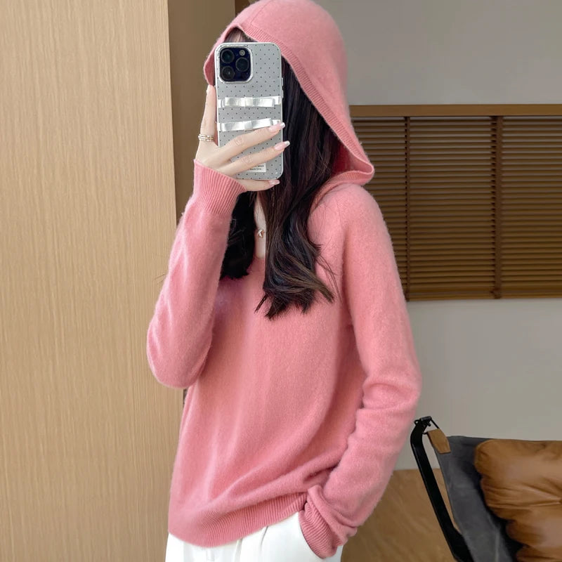 Women Autumn Winter Clothing Hooded Collar Pullover 100% Merino Wool Sweater New Fashion Cashmere Tops Bottoming Knitwear Soft - Matrix Studios