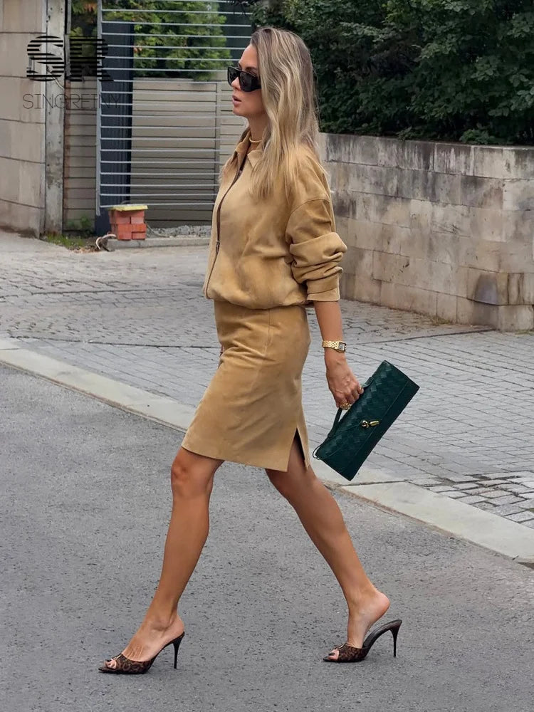 SINGREINY Imitation Suede Leather Jacket Two Pieces Suits Women Lapel Loose Outerwear 2026 Autumn Casual Midi Split Skirts Sets - Matrix-studios.com