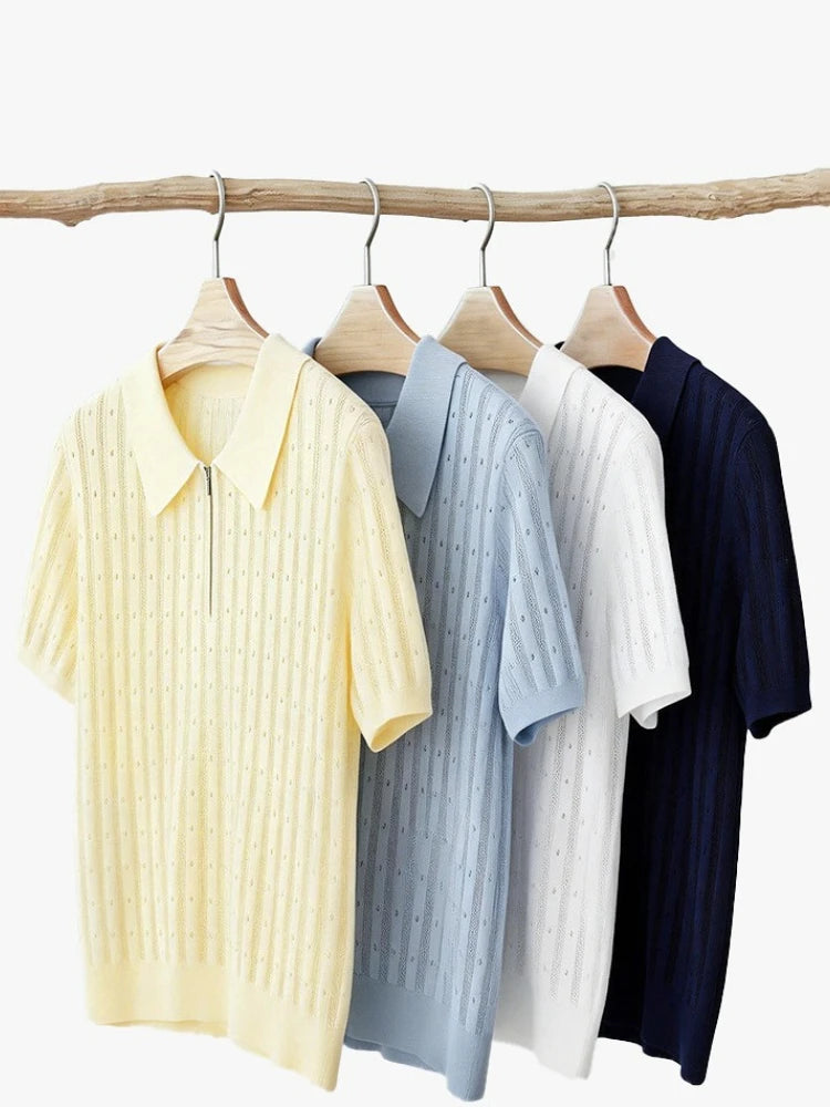 2026 Summer New Elegant Women T-shirt Hollow Jacquard Polo Collar Knit Top Women Slim Figure Flattering Versatile Tee - Matrix-studios.com