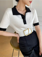 Fashion Summer T-shirts for Women Slim Fit Polo Women's T-shirt Collar Knitted Ice Silk T-shirt Knitting Elegant Crop Top - Matrix-studios.com