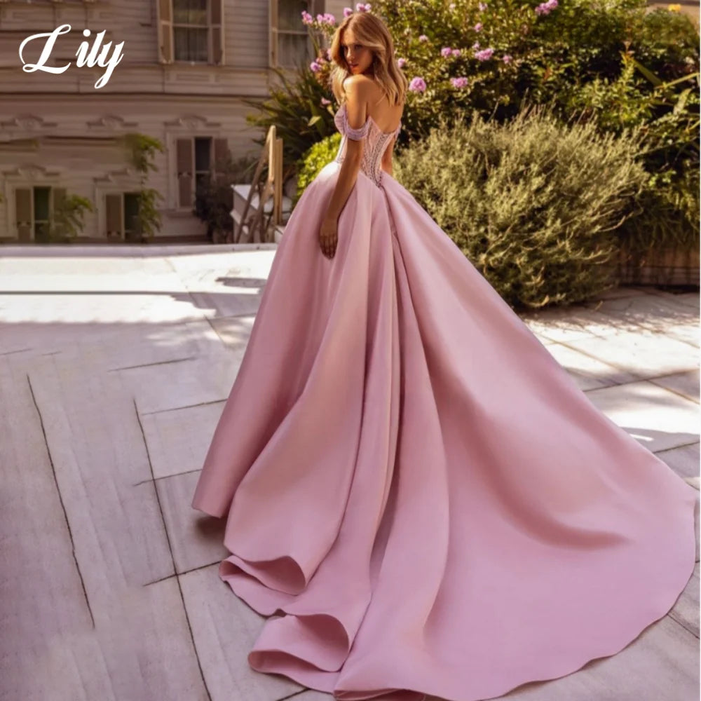 Lily Pink ALine Satin Prom Dress Off-The-Shoulder Beaded Corset Party Gown Sweetheart Formal Evening Dress حزب فساتين Customized - Matrix Studios