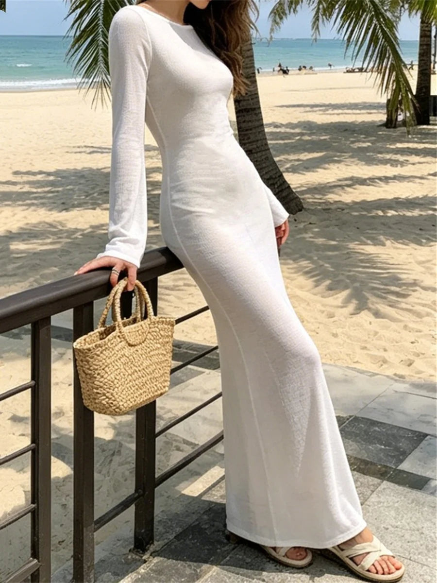 Women See Through Long Sleeve Backless Long Dresses Knit Dress Bikini Cover-ups for Beach Club Sexy Cover-ups Dress - Matrix Studios