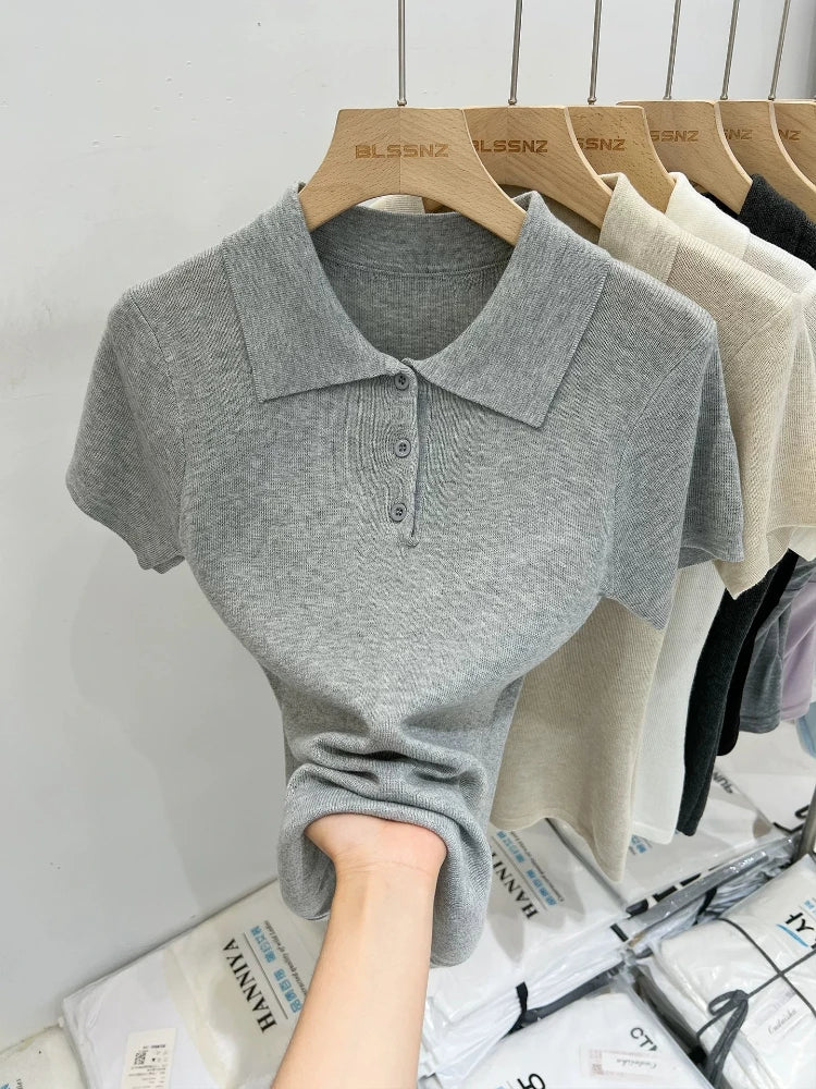 AOSSVIAO 2026 Summer Women Polo Collar Knit Short Sleeve T-shirt Fashion Versatile Simple Casual Slim Fit Button Tee Tops - Matrix-studios.com