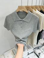 AOSSVIAO 2026 Summer Women Polo Collar Knit Short Sleeve T-shirt Fashion Versatile Simple Casual Slim Fit Button Tee Tops - Matrix-studios.com