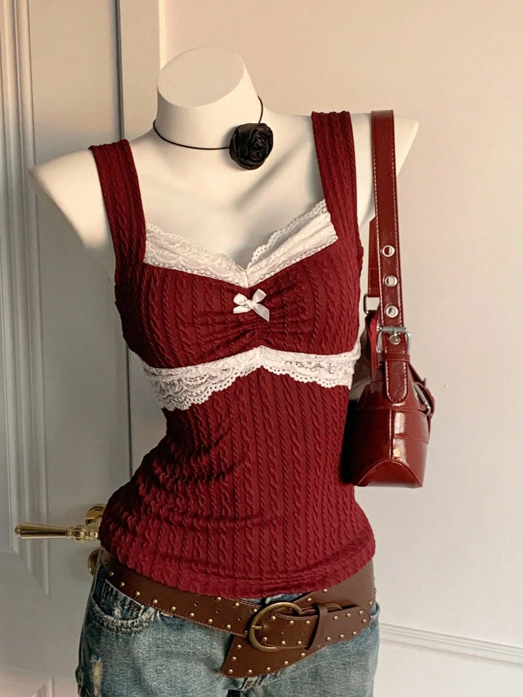 Y2K Summer Fashion New Lace Splicing Bow Decoration Pure Desire Women's Tank Top - Matrix-studios.com