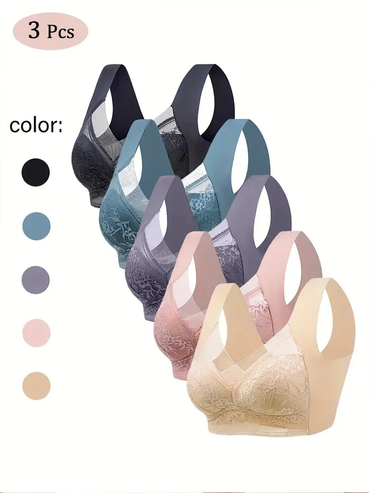 3Pcs Women Lace Bra Perspective Push Up Ice Silk Deep V Bralette Bra Sexy Lingerie Tops Plus Size Cup Mom's underwear L-5XL - Matrix Studios