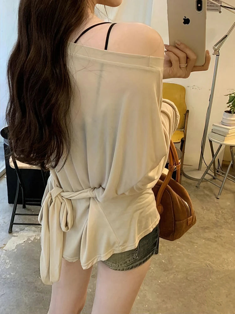 Sexy Thin See Through Long sleeve Oversize T shirt Women Bandage Off shoulder Top Female Basic Long Tees Korean Chic Lady New - Matrix-studios.com