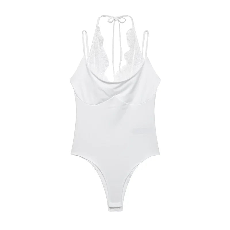 Women's Bodysuit 2026 New Fashion Summer Black Spliced Lace Bodysuit for Women Elegant Chic Personality Spaghetti Strap Bodysuit - Matrix Studios