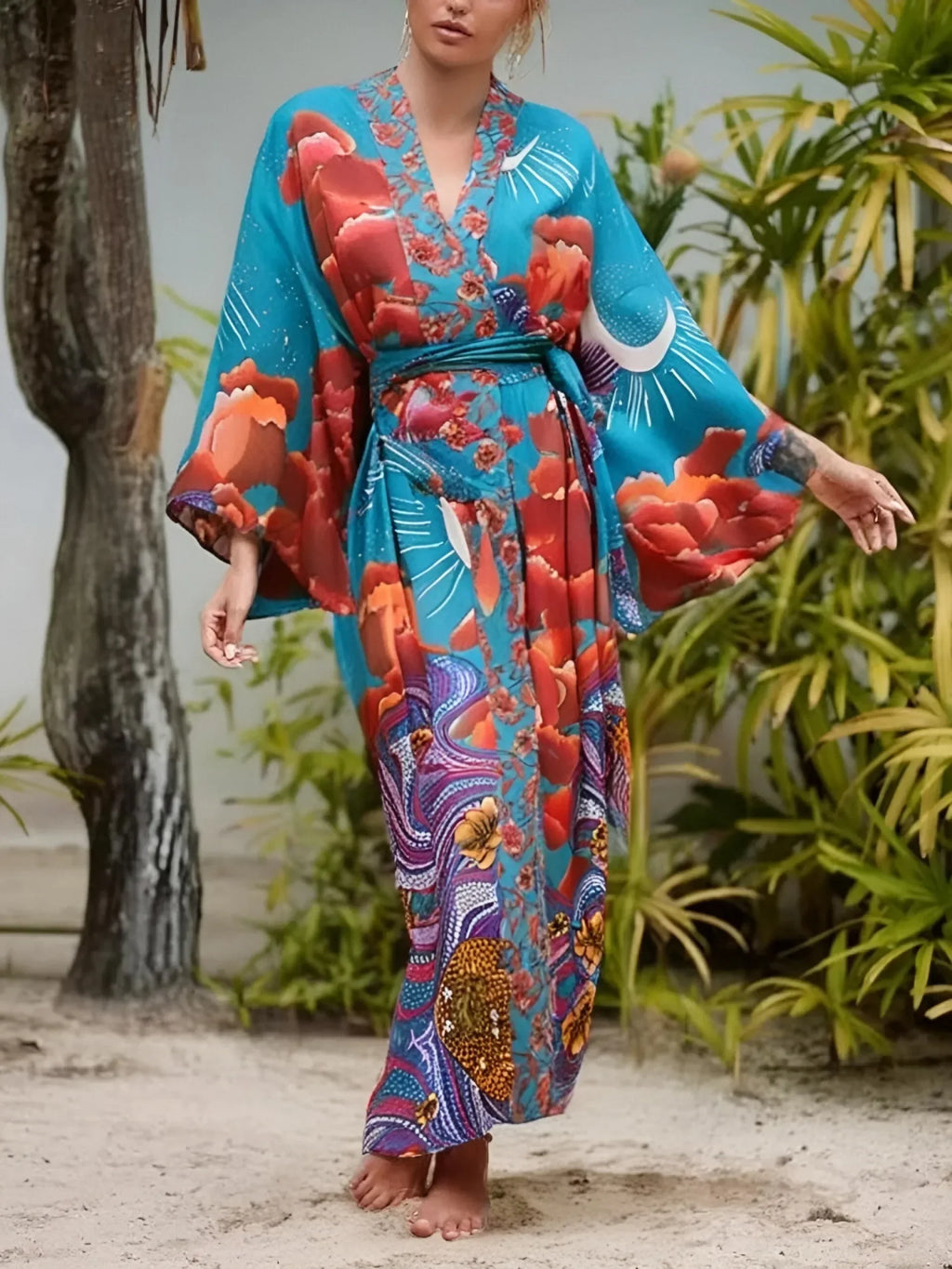 Boho Queens Women Star Floral Print Bat Sleeve Beach Bohemian Kimono Dresses Robe Ladies V Neck Summer Bikini Cover-up - Matrix Studios