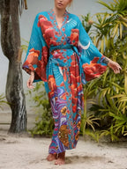 Boho Queens Women Star Floral Print Bat Sleeve Beach Bohemian Kimono Dresses Robe Ladies V Neck Summer Bikini Cover-up - Matrix Studios